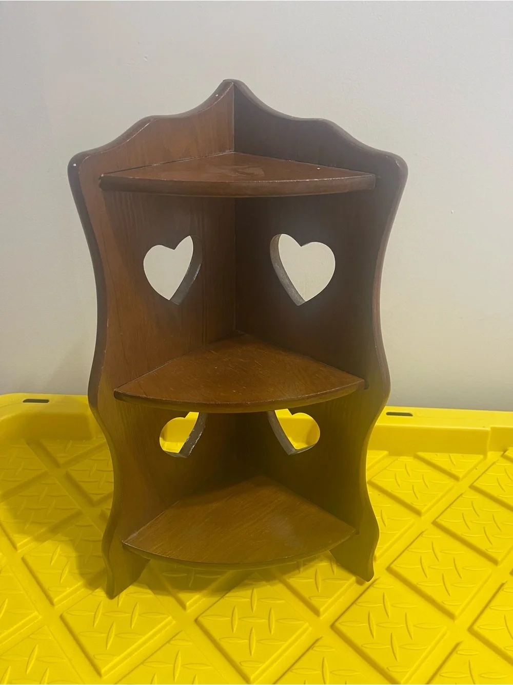 Vintage Wooden Corner Wall Shelf with Heart Cutouts - Brown